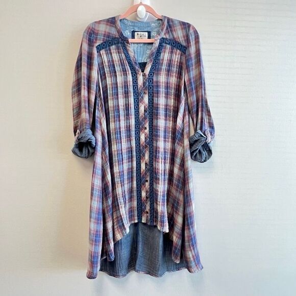 HOLDING HORSES Anthropologie Abita Western Boho Plaid Hi-Low Shirt Dress XS - Picture 1 of 11